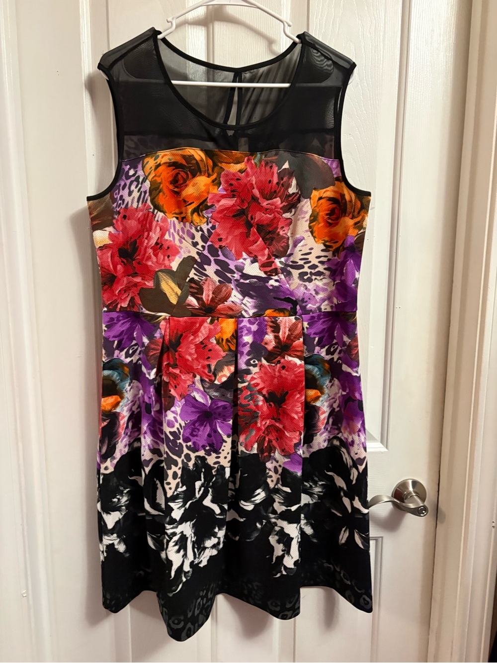 Sleeveless Floral Mesh Yoke Dress in Black and Multicolor